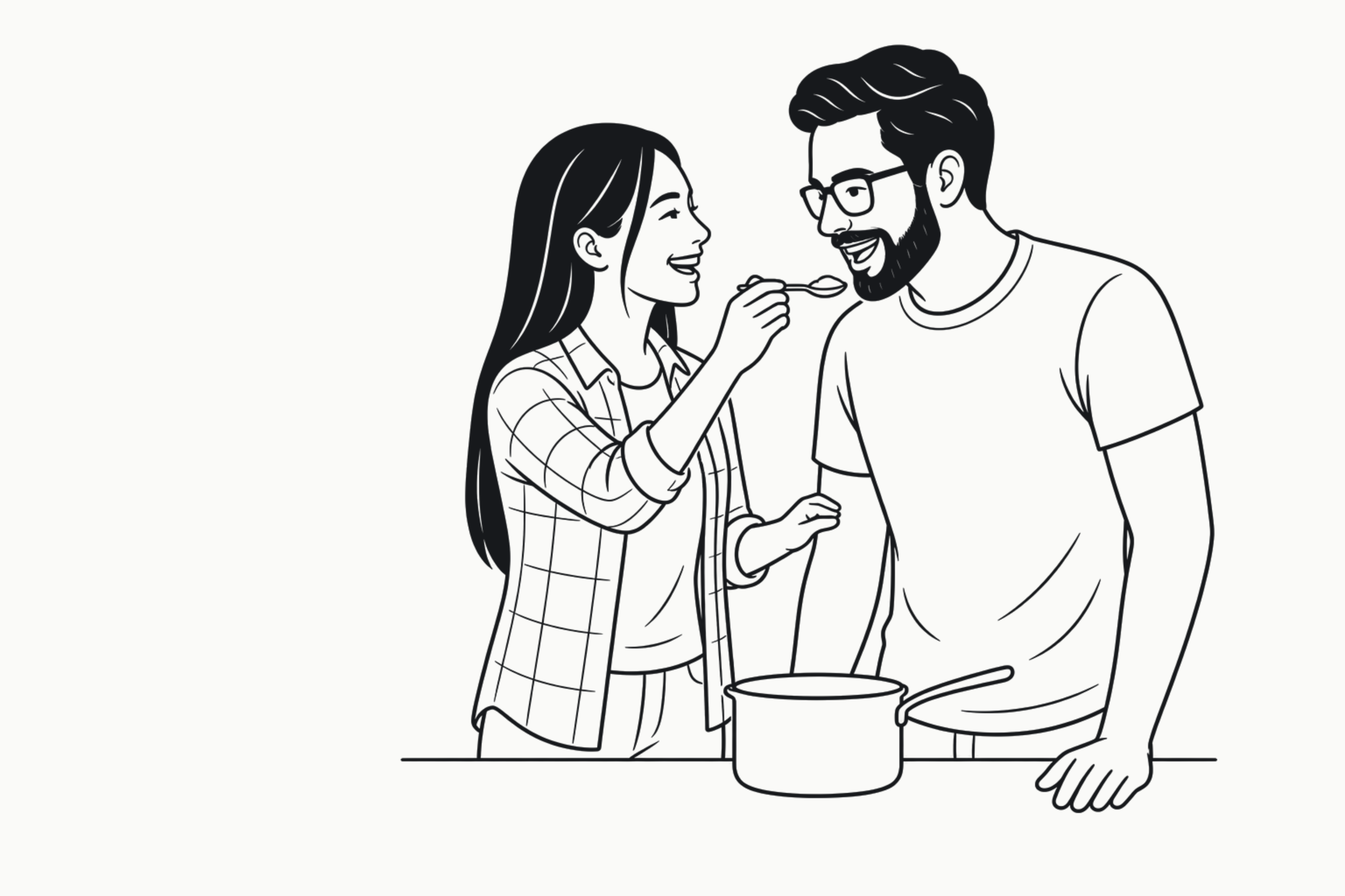 Mina und David kochen zusammen, sie lässt ihn lachend vom Probierlöffel kosten