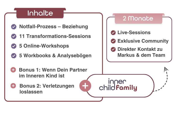 Übersicht der Programminhalte und der zweimonatigen Begleitung mit Live-Sessions, Community und direktem Kontakt zu Markus und dem Team