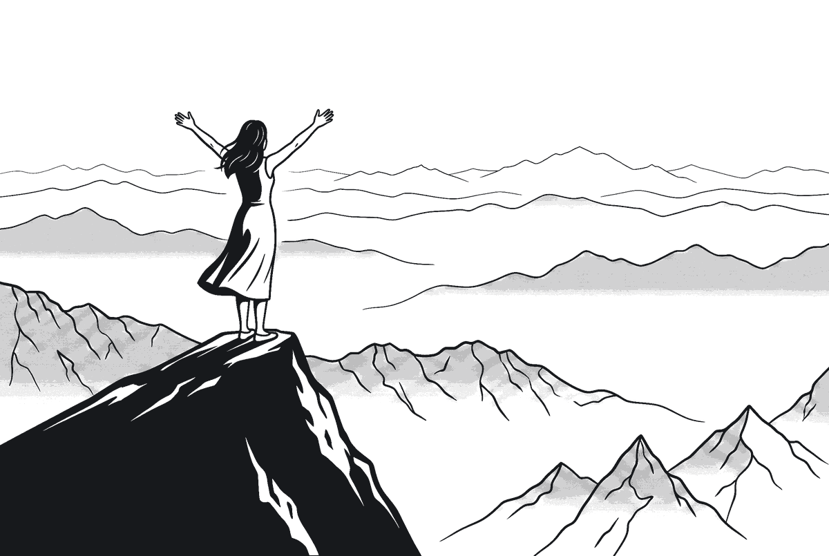 Illustration einer Frau auf einem Berggipfel mit erhobenen Armen