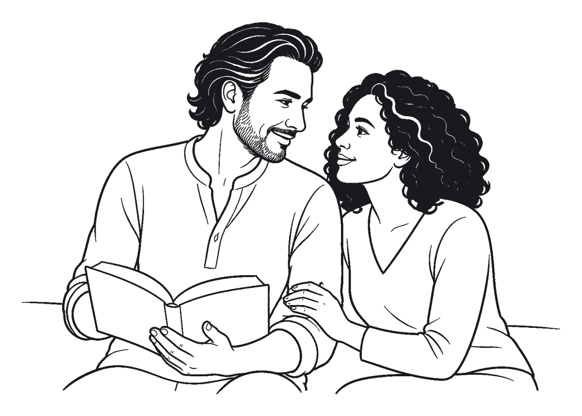 Nah zusammen mit einem Buch, ein vertrauter, zärtlicher Blick zwischen den beiden