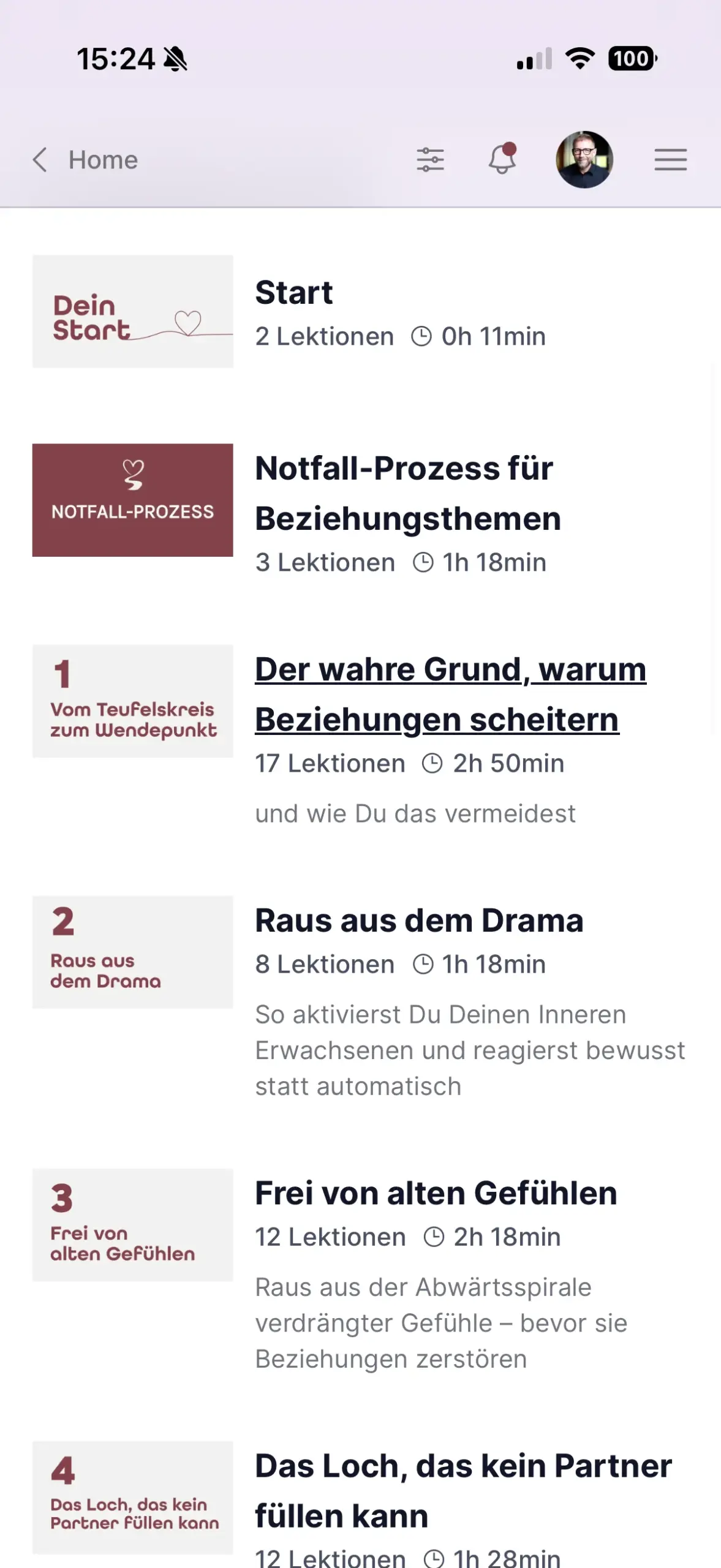 Kursübersicht im Mitgliederbereich mit Start, Notfall-Prozess und den Modulen
