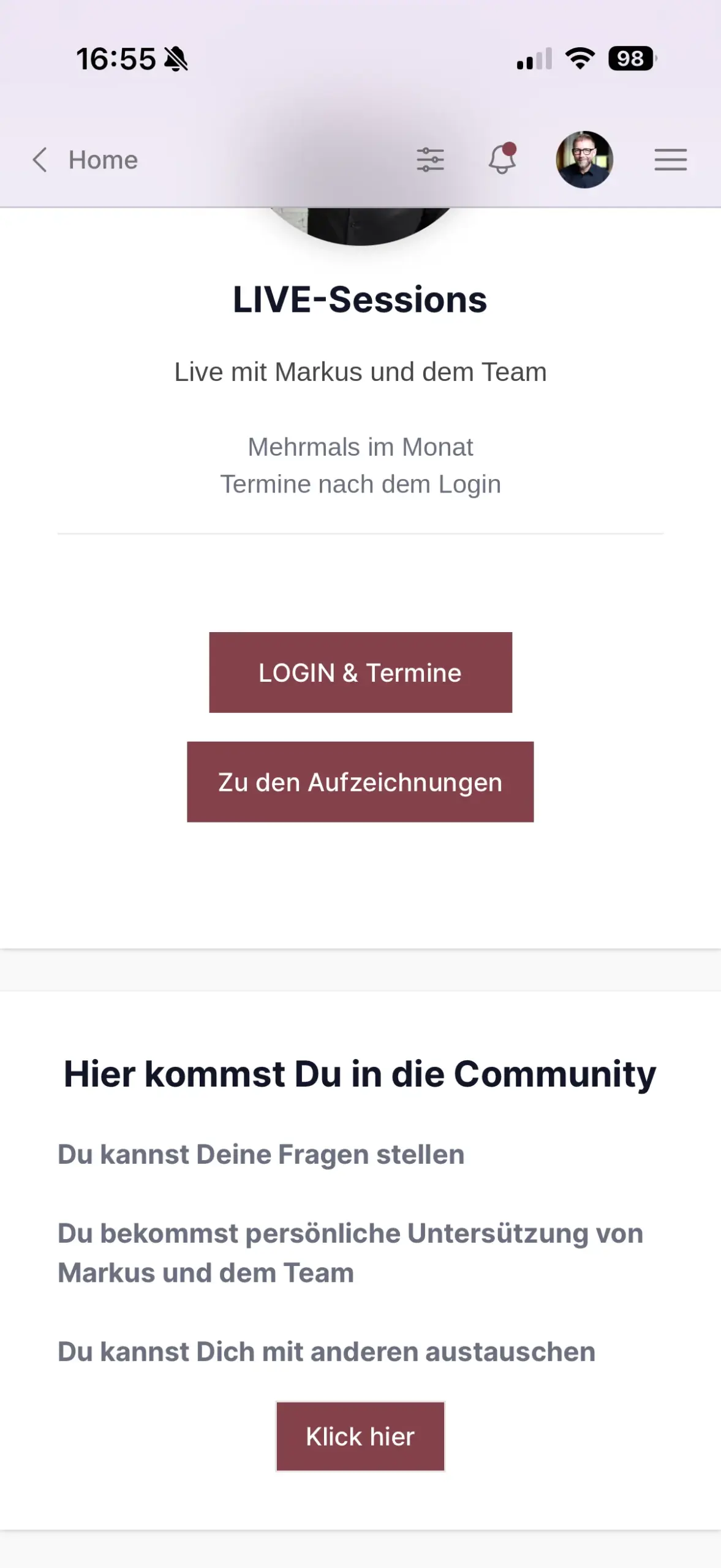 Hinweis auf die Live-Sessions und der Zugang zur Community