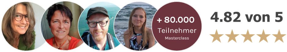 Vier Teilnehmer-Portraits, 80.000 Teilnehmer der Masterclass, Bewertung 4,82 von 5 Sternen