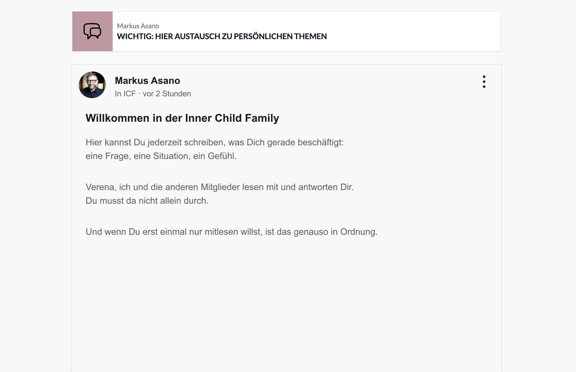 Willkommensansicht der Community mit Fragen, Team und Markus als Begleitung