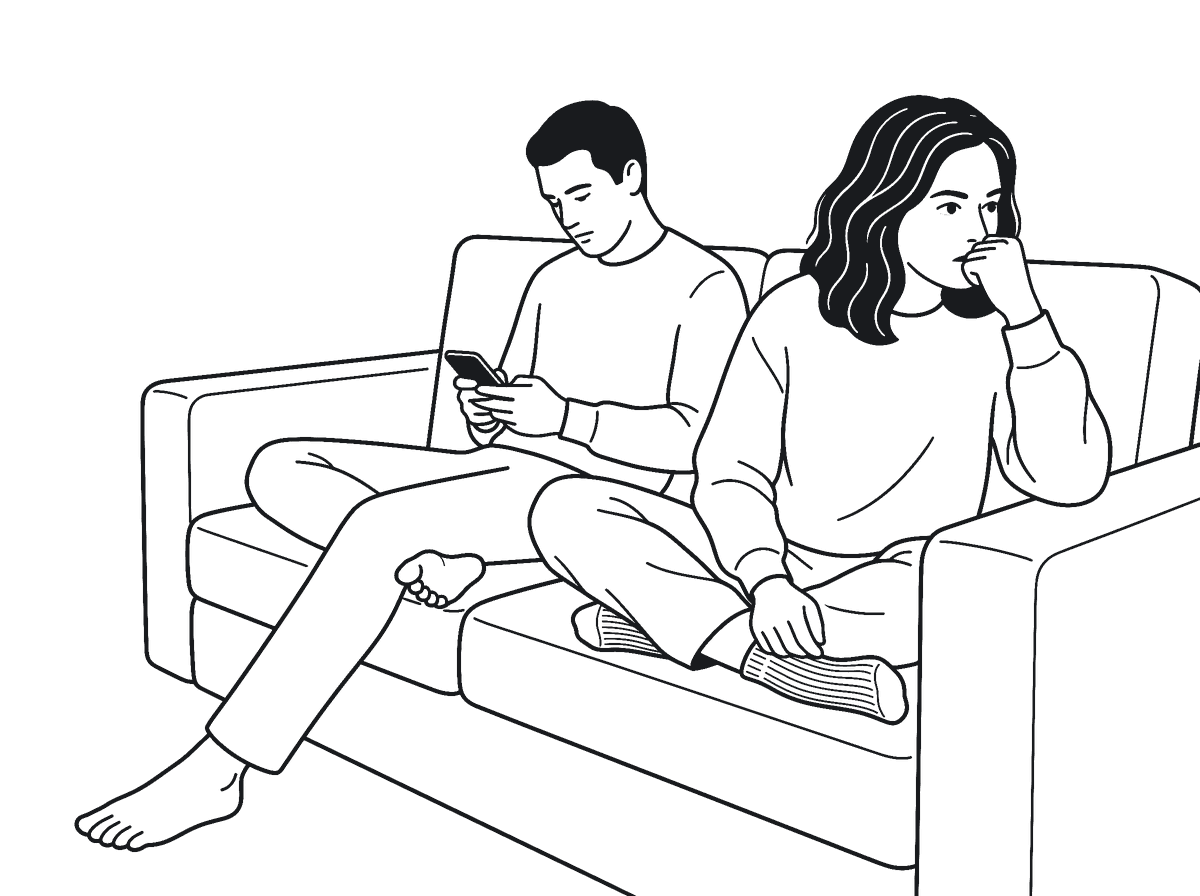 Illustration: Ein Paar auf dem Sofa ohne Verbindung, er schaut auf das Smartphone