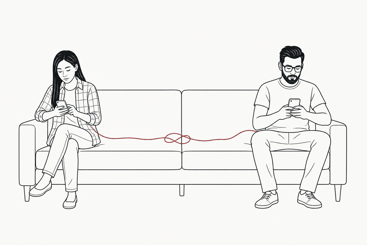 Schwarze Illustration eines Paares, das nur noch nebeneinander auf das Smartphone schaut