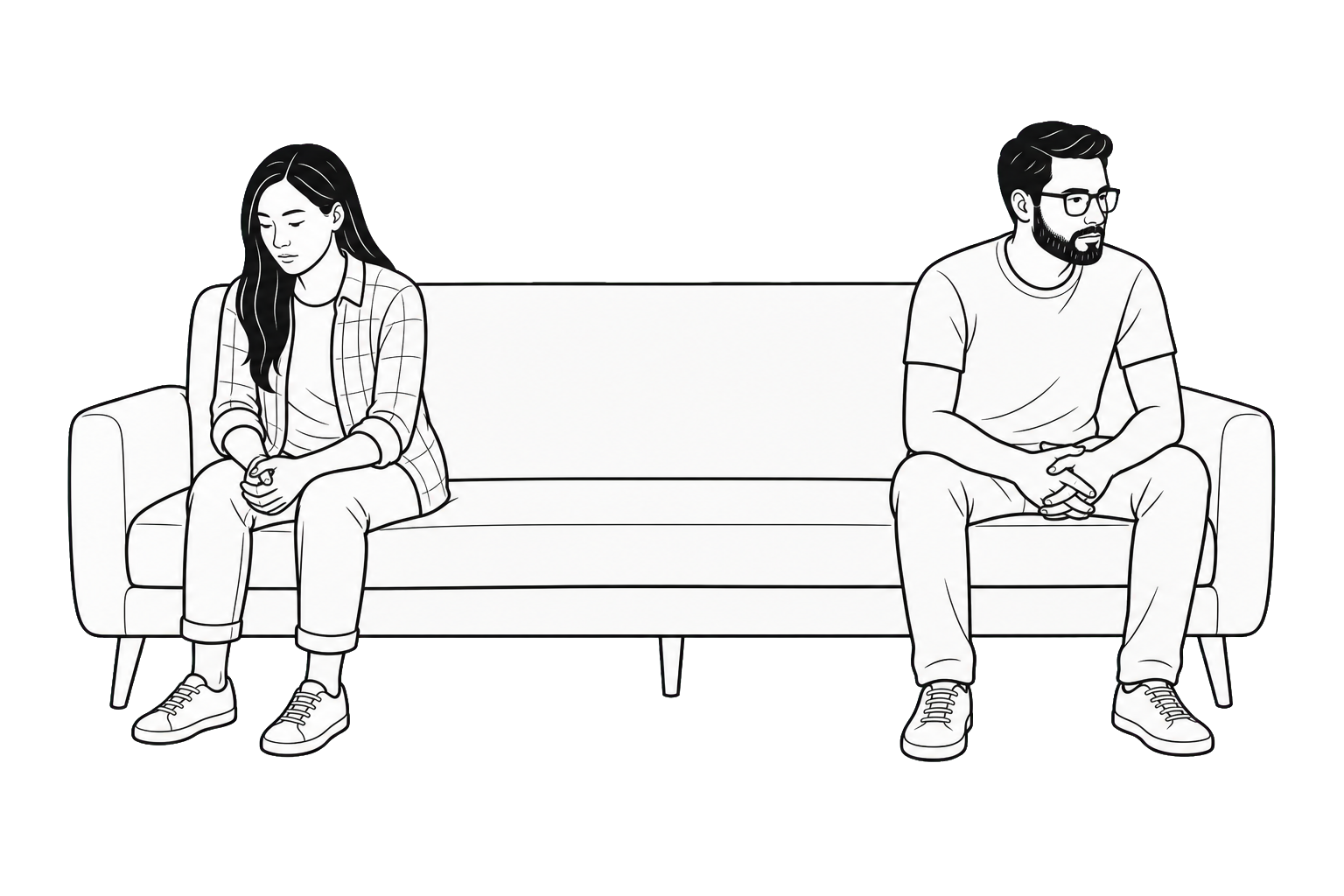 Mina und David sitzen mit großem Abstand auf demselben Sofa und finden nicht zueinander