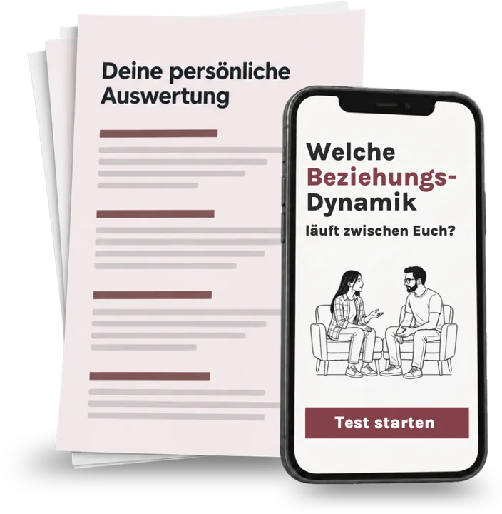 Smartphone mit dem Beziehungstest und dahinter die persönliche Auswertung