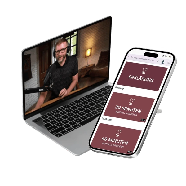 Notfallprozess: Markus im Video auf einem Laptop, daneben die geführten Prozesse auf dem Handy.