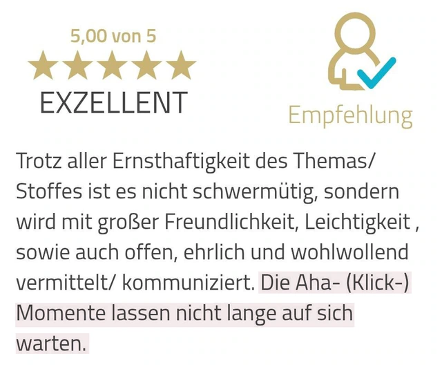 Originalrückmeldung: Aha-Momente mit Leichtigkeit. Hervorgehoben: Die Aha- (Klick-) Momente lassen nicht lange auf sich warten.