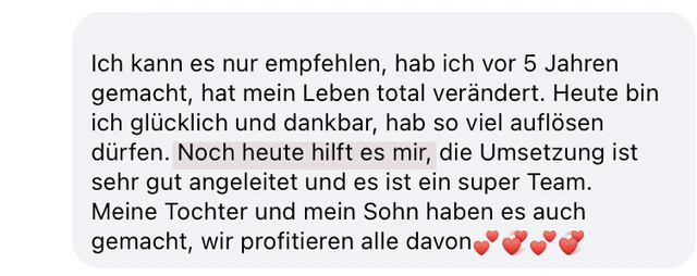 Originalrückmeldung: Auch Jahre später hilft es mir. Hervorgehoben: Noch heute hilft es mir