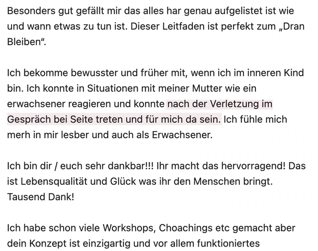 Originalrückmeldung: Bei meiner Mutter für mich da sein. Hervorgehoben: nach der Verletzung im Gespräch bei Seite treten und für mich da sein.