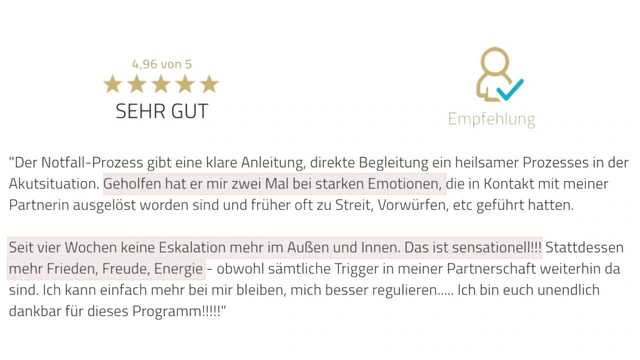 Originalrückmeldung: Keine Eskalation, mehr Frieden. Hervorgehoben: Seit vier Wochen keine Eskalation mehr im Außen und Innen.