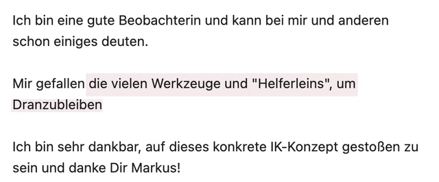 Originalrückmeldung: Werkzeuge, die beim Dranbleiben helfen. Hervorgehoben: die vielen Werkzeuge und "Helferleins", um Dranzubleiben