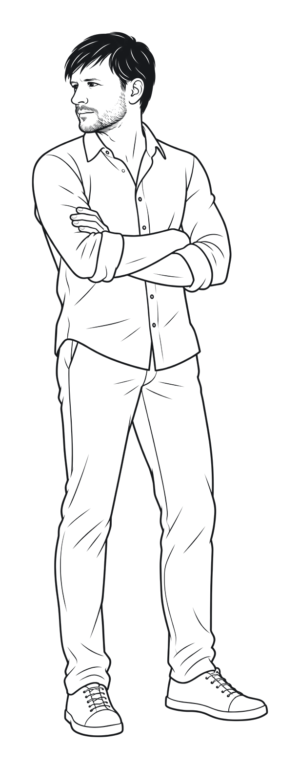 Illustration nach einem Foto aus seiner Trainerzeit: Markus steht mit verschränkten Armen da.