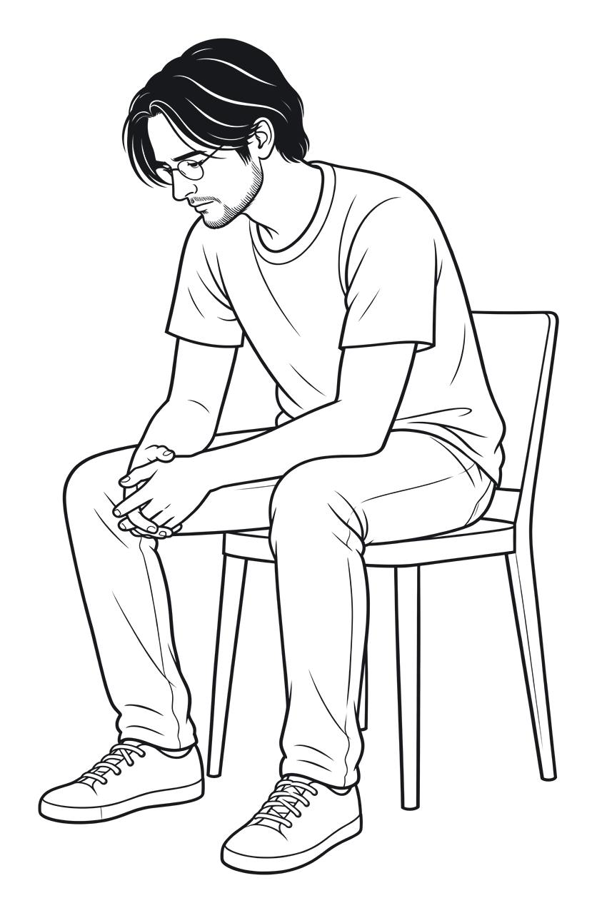 Illustration nach einem Jugendfoto: Markus sitzt nachdenklich mit gesenktem Blick.