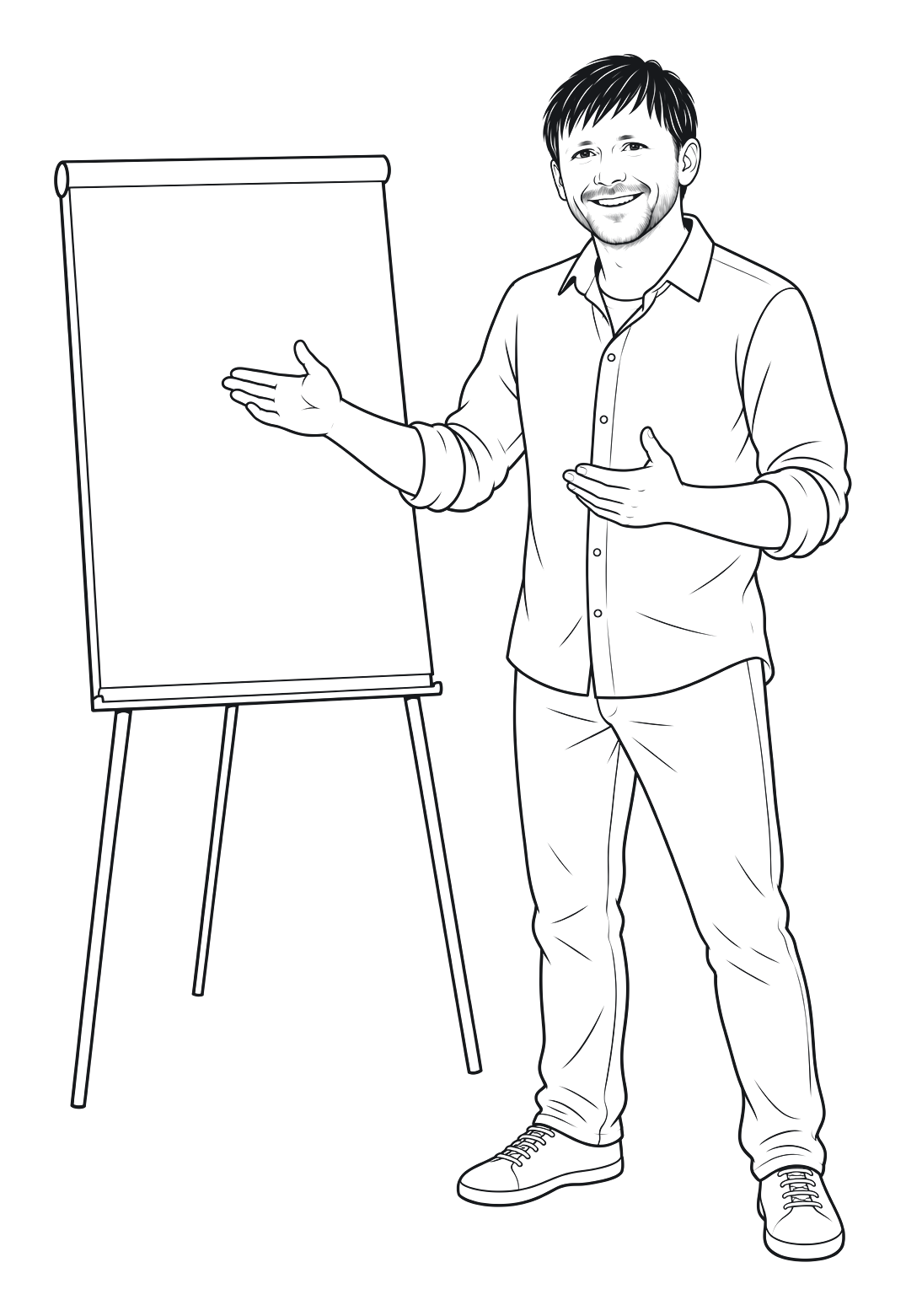 Illustration nach einem persönlichen Foto: Markus als Kommunikationstrainer am Flipchart.