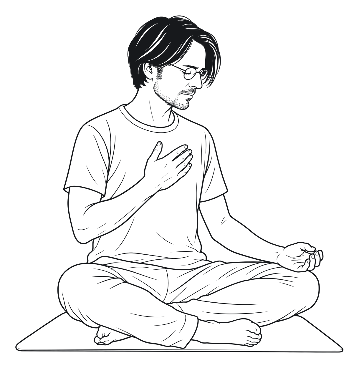 Illustration nach einem Jugendfoto: Markus sitzt ruhig mit einer Hand am Brustkorb.