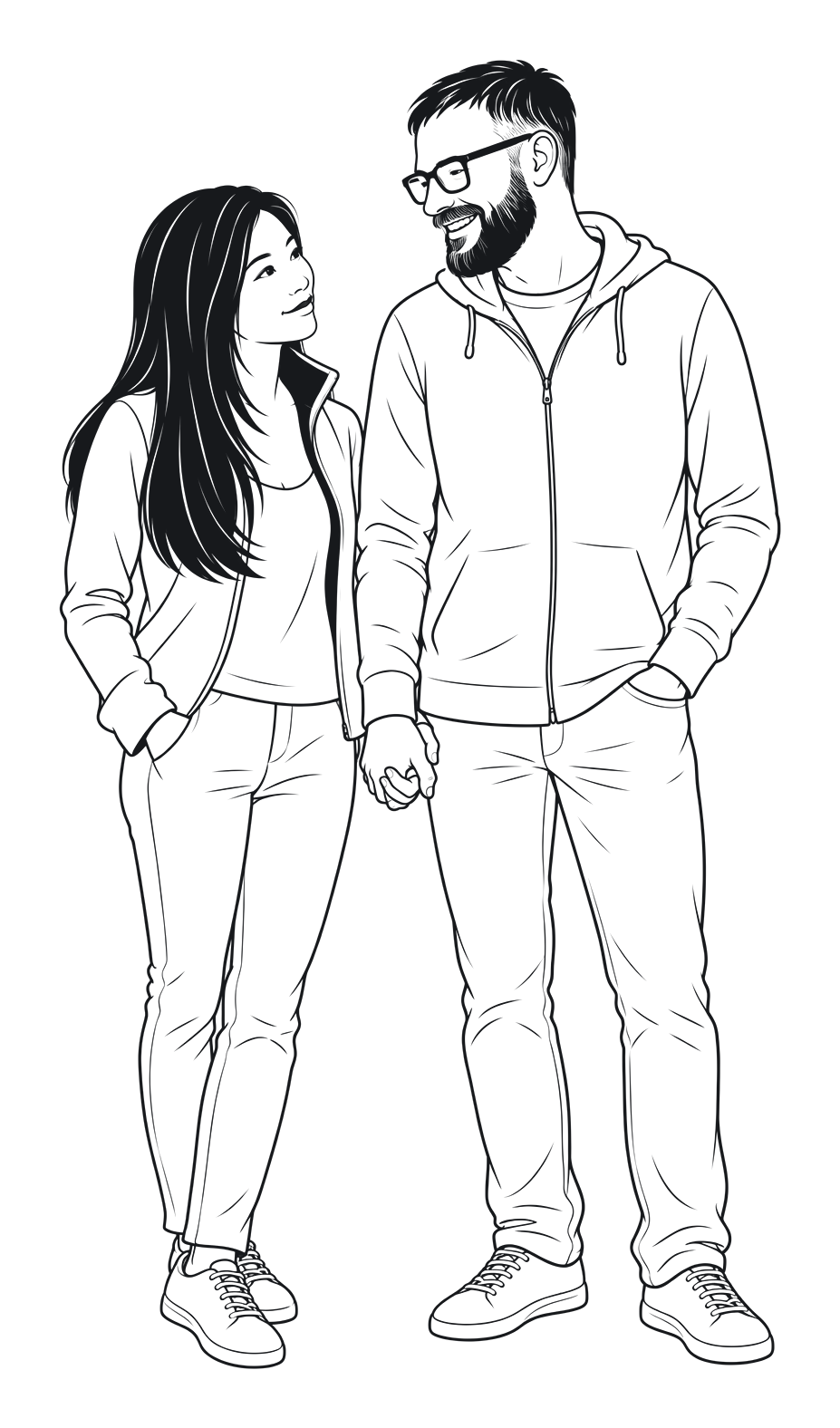Persönliche Illustration nach einem bereitgestellten Paarfoto: Markus und seine Partnerin halten einander an der Hand.