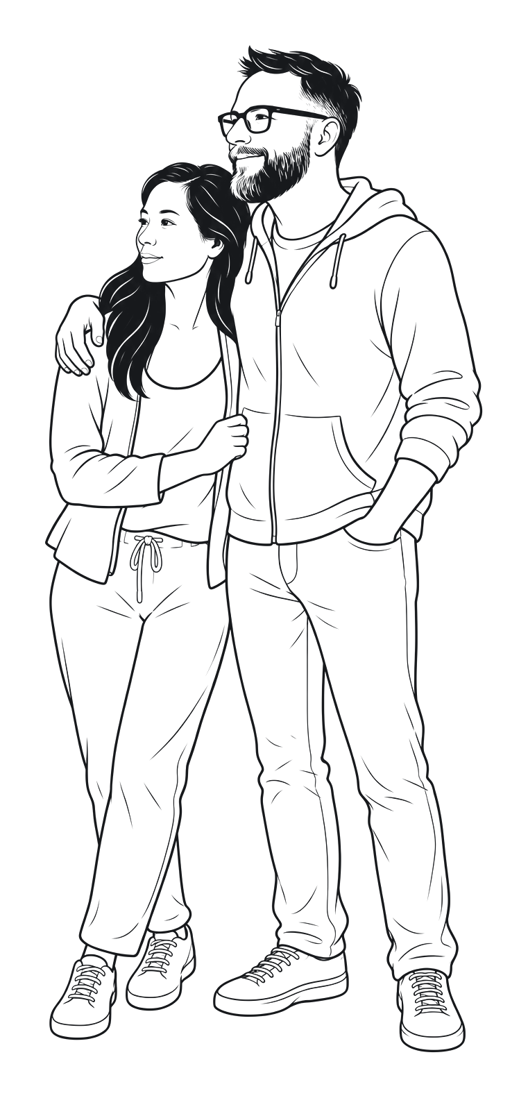 Persönliche Illustration nach einem bereitgestellten Paarfoto: Markus und seine Partnerin stehen einander nah und blicken gemeinsam nach vorn.