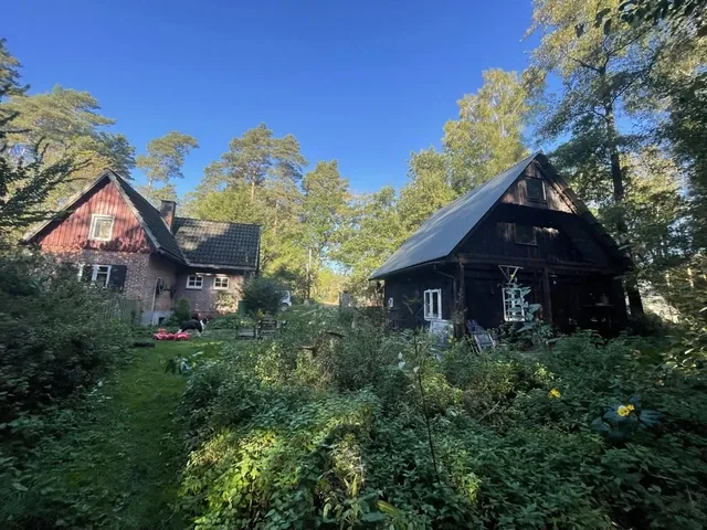 Haus und Scheune zwischen den Bäumen in der Osterheide.