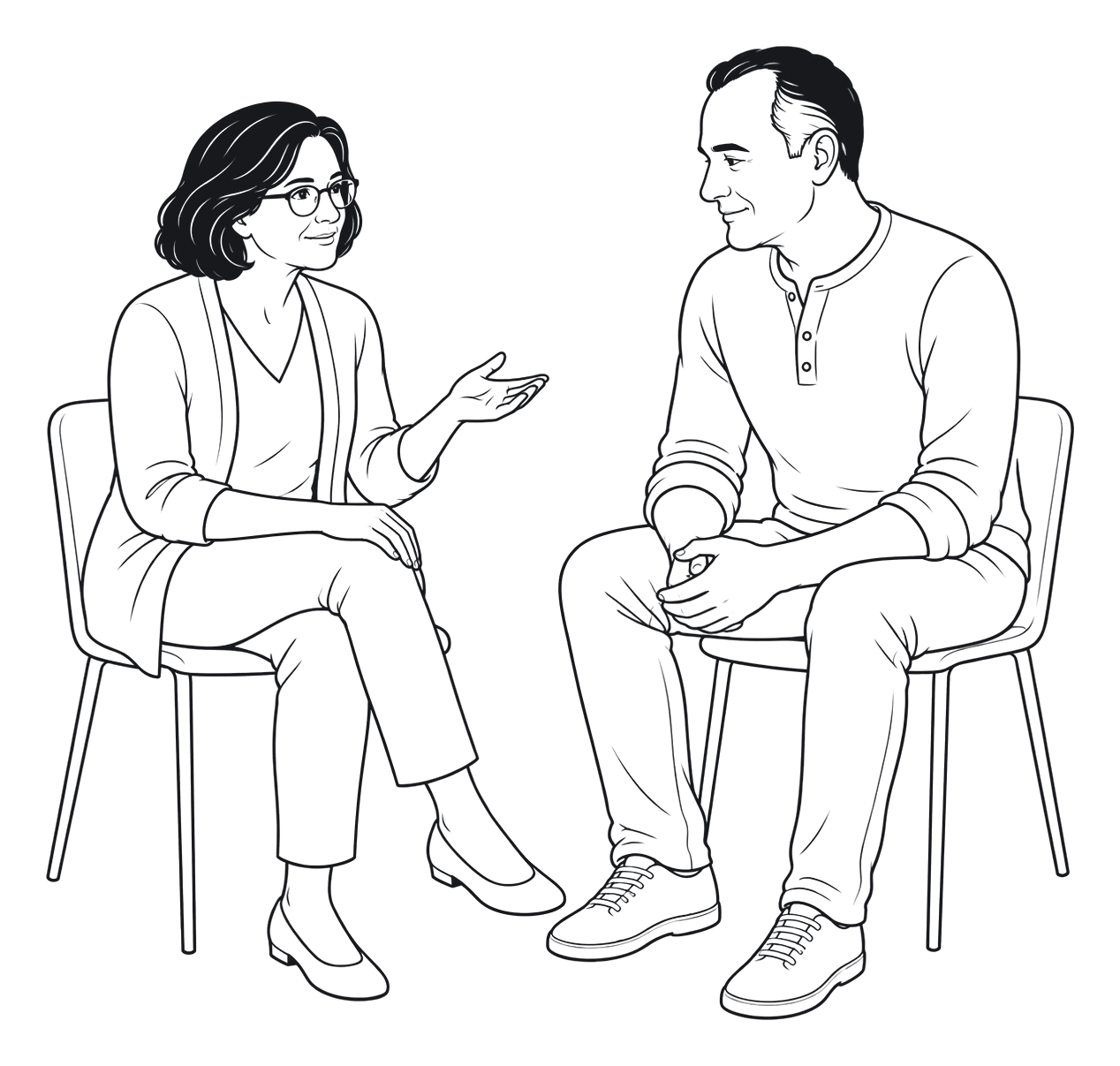 Symbolische Illustration: Katrin und Andreas sprechen einander zugewandt über ihre Bedürfnisse.