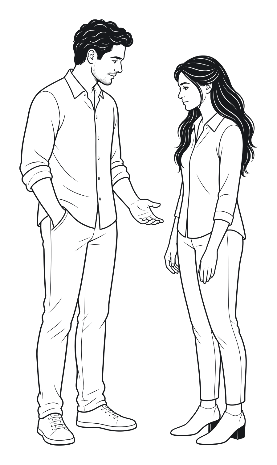 Symbolische Illustration: Laura und Daniel stehen nach einem wiederkehrenden Konflikt nebeneinander.