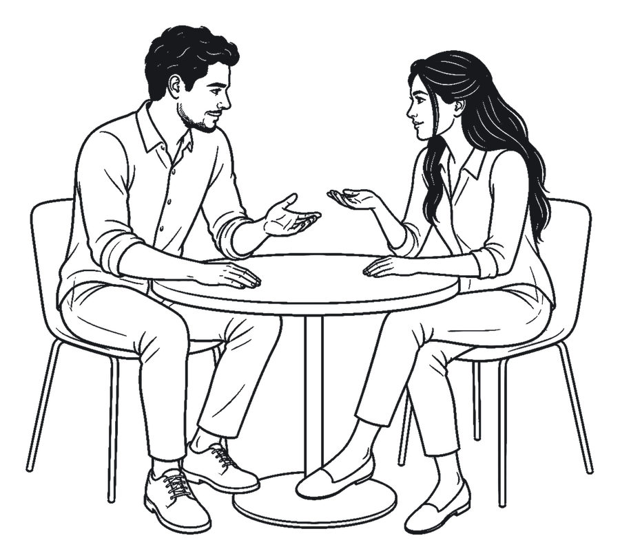 Symbolische Illustration: Ein Paar sitzt einander zugewandt am Tisch und spricht miteinander.